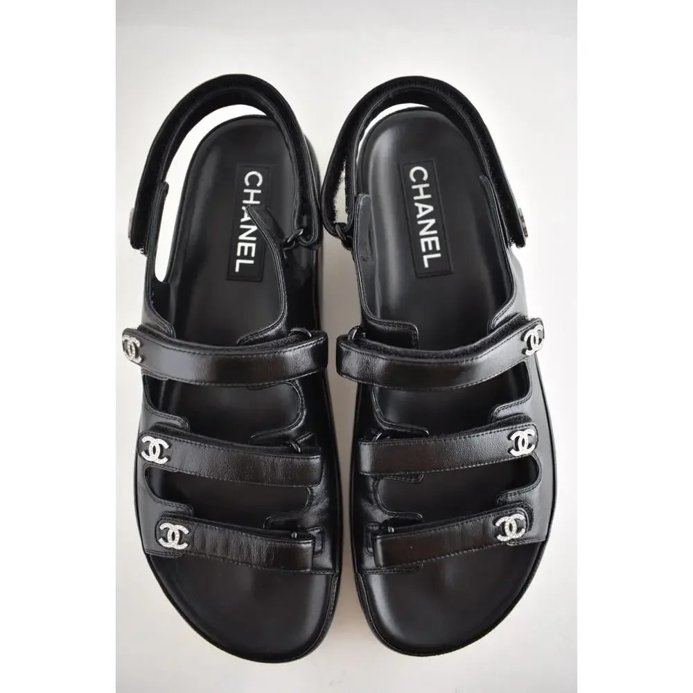 Chanel 24S Black Leather Triple Strap CC Logo Mule Slide Teva Dad Sandal Flat 41